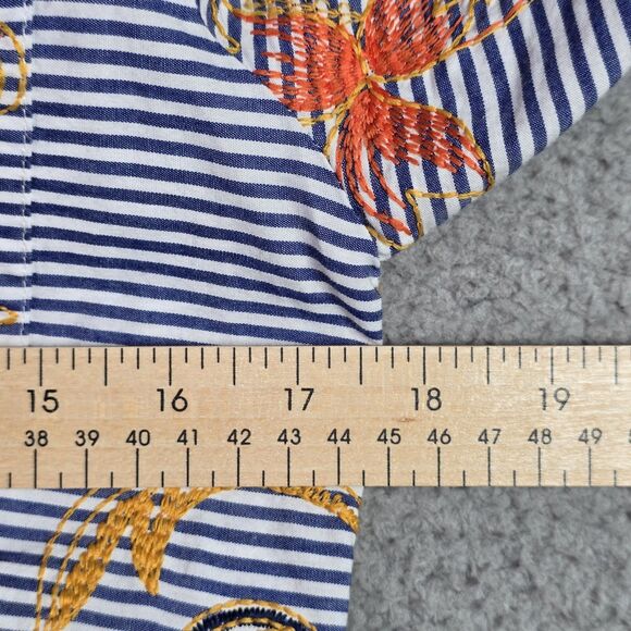 Peck & Peck Embroidered Striped Floral Shirt Small Cotton Boho Scallop Hem Blue - Picture 10 of 16